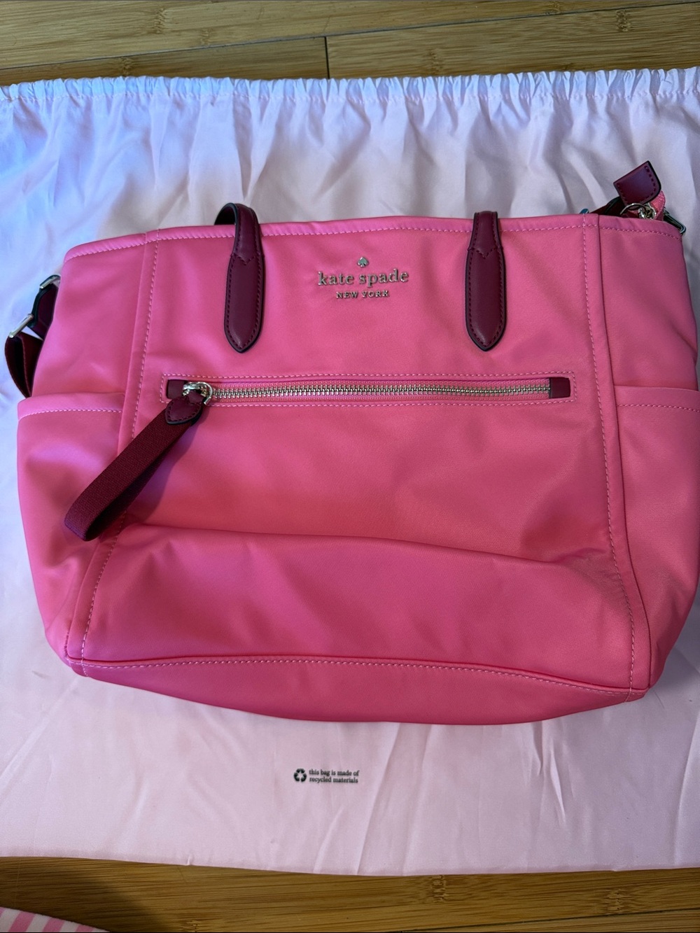 Kate Spade pink Chelsea tote with burgundy trim